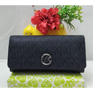 Michael Kors Black Leather MK Printed Round Logo Credit Card Bifold Wallet